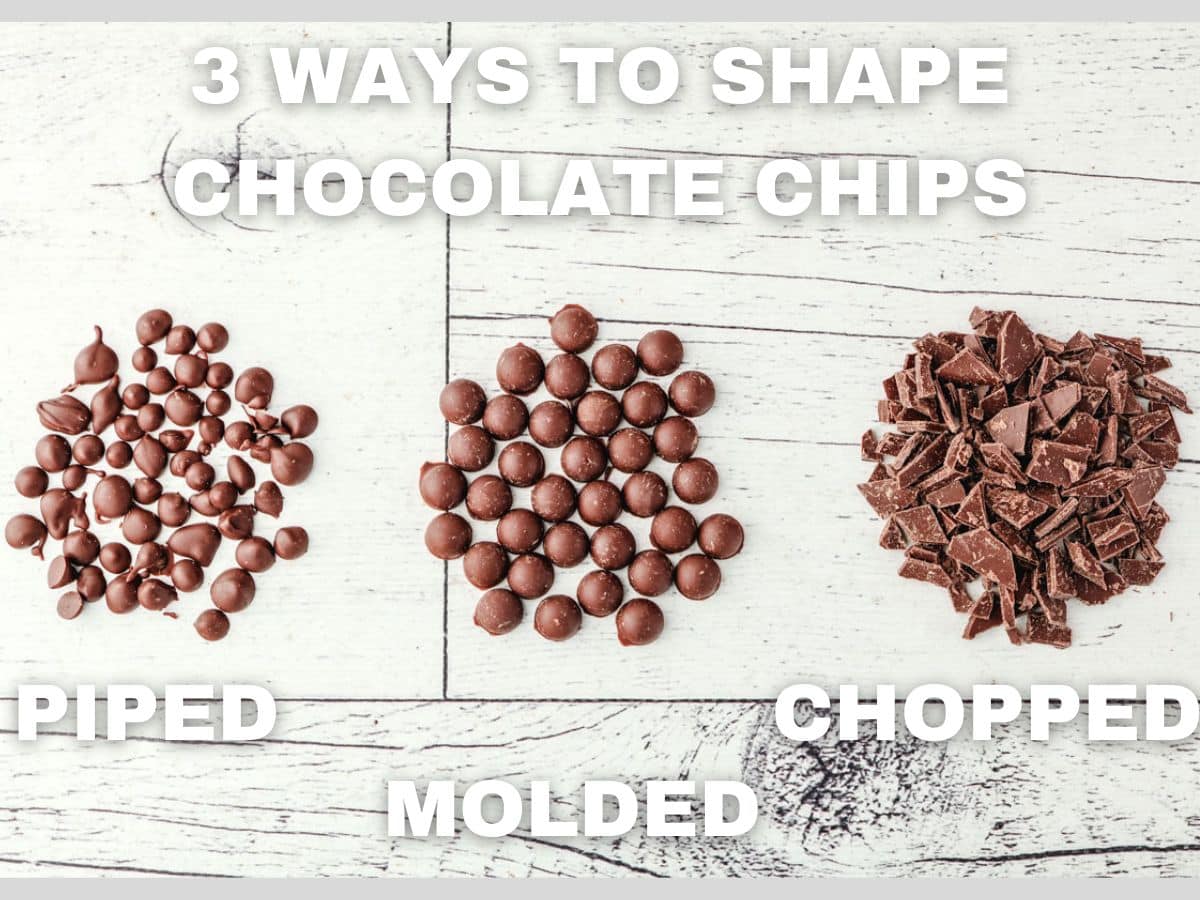 Chocolate Chips For Ice Cream 4 Comparison visual showing three ways to shape homemade chocolate chips: piped using a piping bag, molded in a silicone tray, and chopped into rustic chunks, with text overlay title 3 ways to shape chocolate chips.