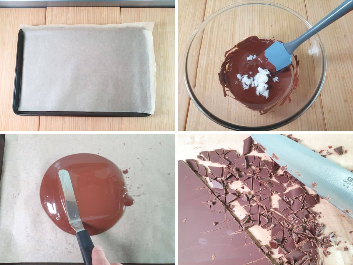 Chocolate Chip Cheesecake 6 Four step process showing lined baking tray, mixing melted chocolate and coconut oil, spreading mix onto tray and chopping set chocolate into chips.