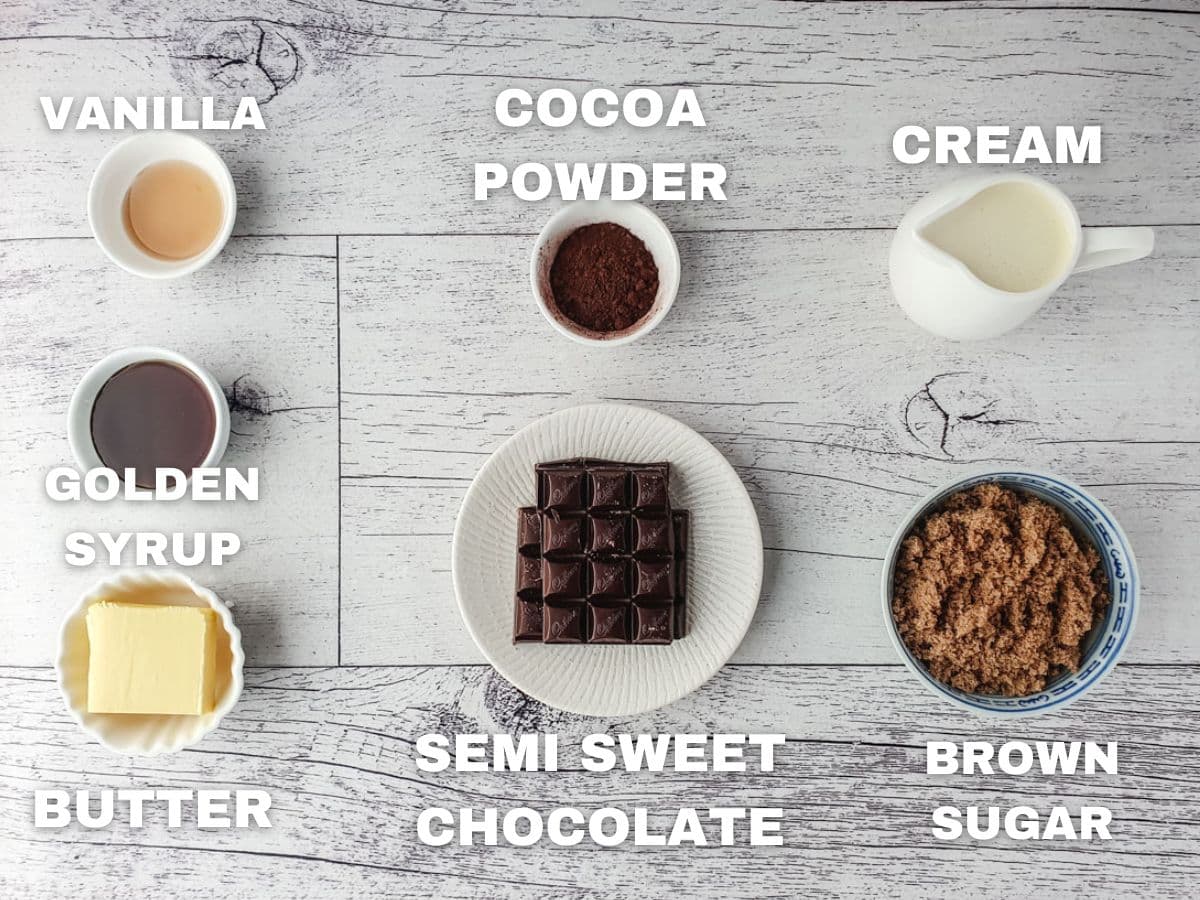 Homemade Chocolate Sauce 3 Ingredients: vanilla extract, cocoa powder, cream, golden syrup, butter, semi sweet chocolate, brown sugar.