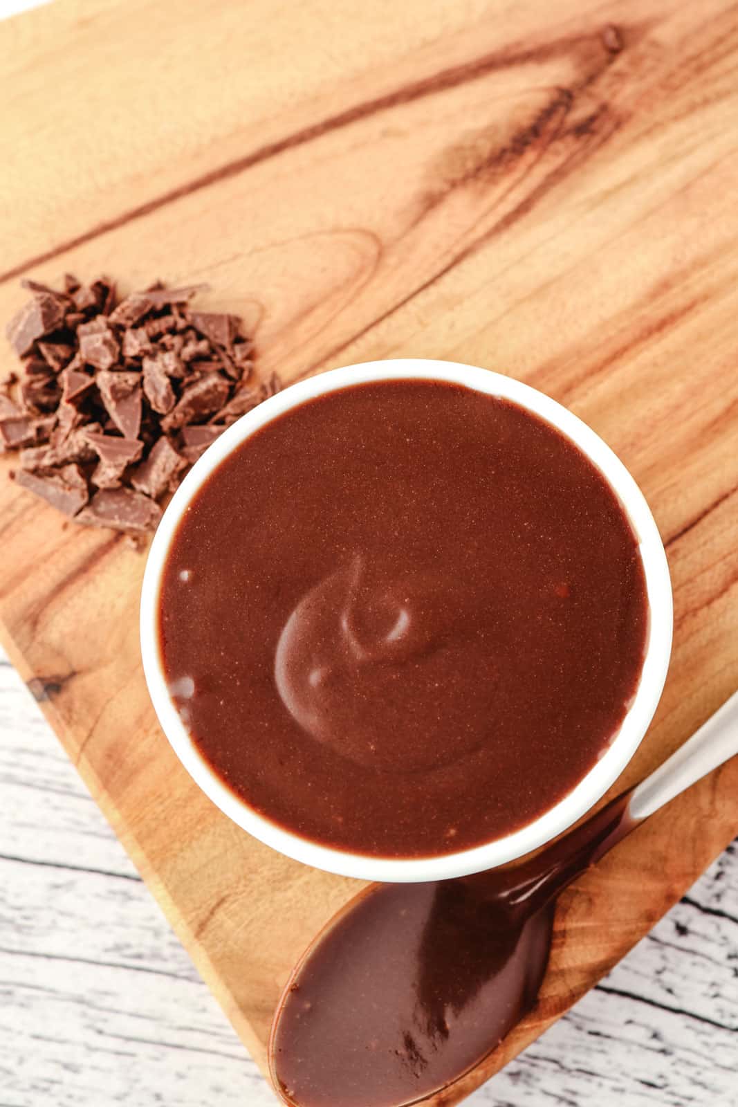 Homemade Chocolate Sauce 7 verhead view of rich chocolate sauce in a serving bowl beside a chocolate-dipped spoon and chocolate chips