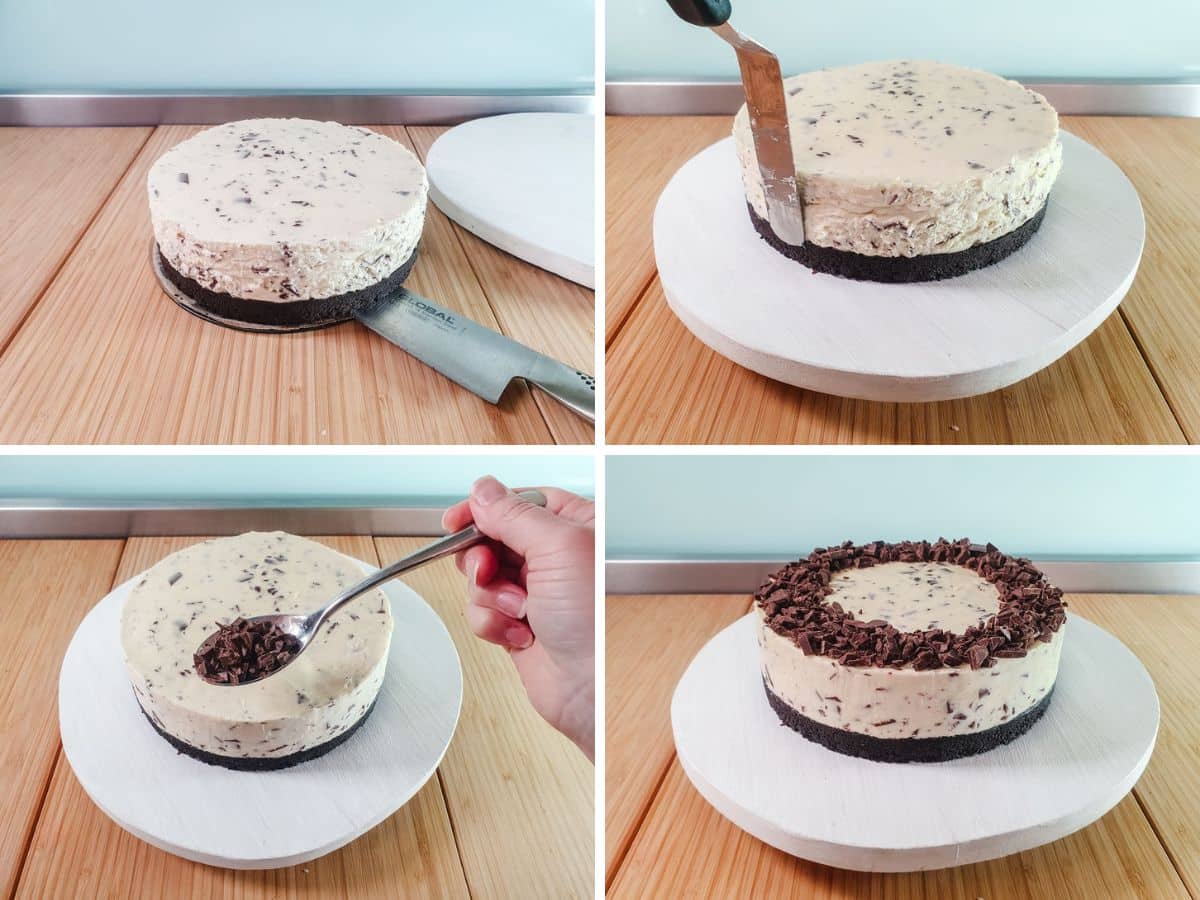 Chocolate Chip Cheesecake 8 Four step process showing transfer it to a serving board, smooth the sides, add chopped chocolate around the top and decorated cheesecake.