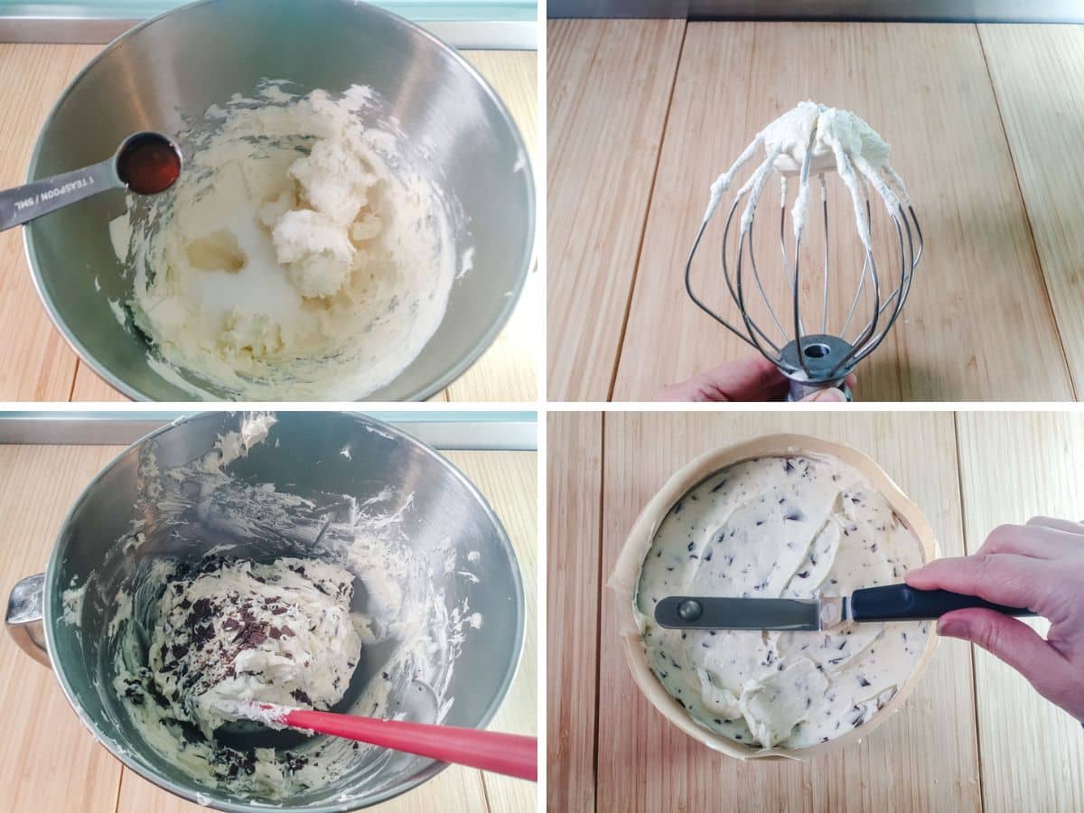 Chocolate Chip Cheesecake 7 Four step process howing add vanilla, sugar and lemon to the cream cheese, whip the cream, fold in chopped homemade chocolate chips, then spread the filling over the cookie crust.