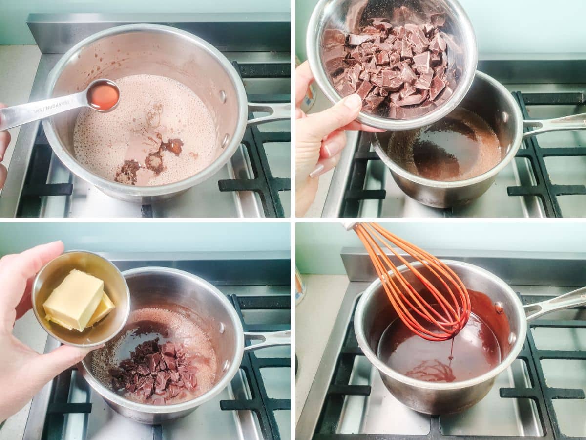 Homemade Chocolate Sauce 5 Four-step process showing butter, semi-sweet chocolate, and vanilla added to a saucepan on the stove and whisked together into a smooth chocolate sauce.