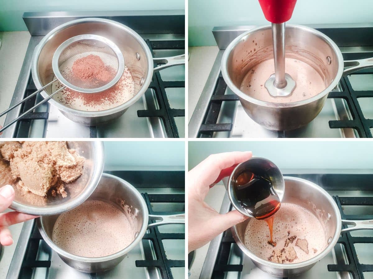 Homemade Chocolate Sauce 4 Four-step process showing sifting in cocoa power, blending with immersion blender, adding brown sugar and adding golden syrup to a saucepan on the stove.